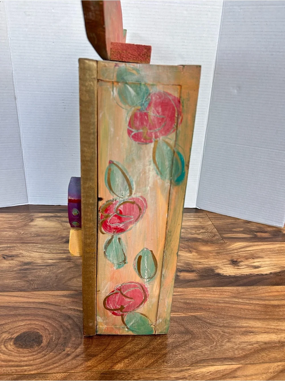 Hand Painted Folk Art Wall Cabinet Coastal Fish Motif Beach Rustic Wooden Shadow